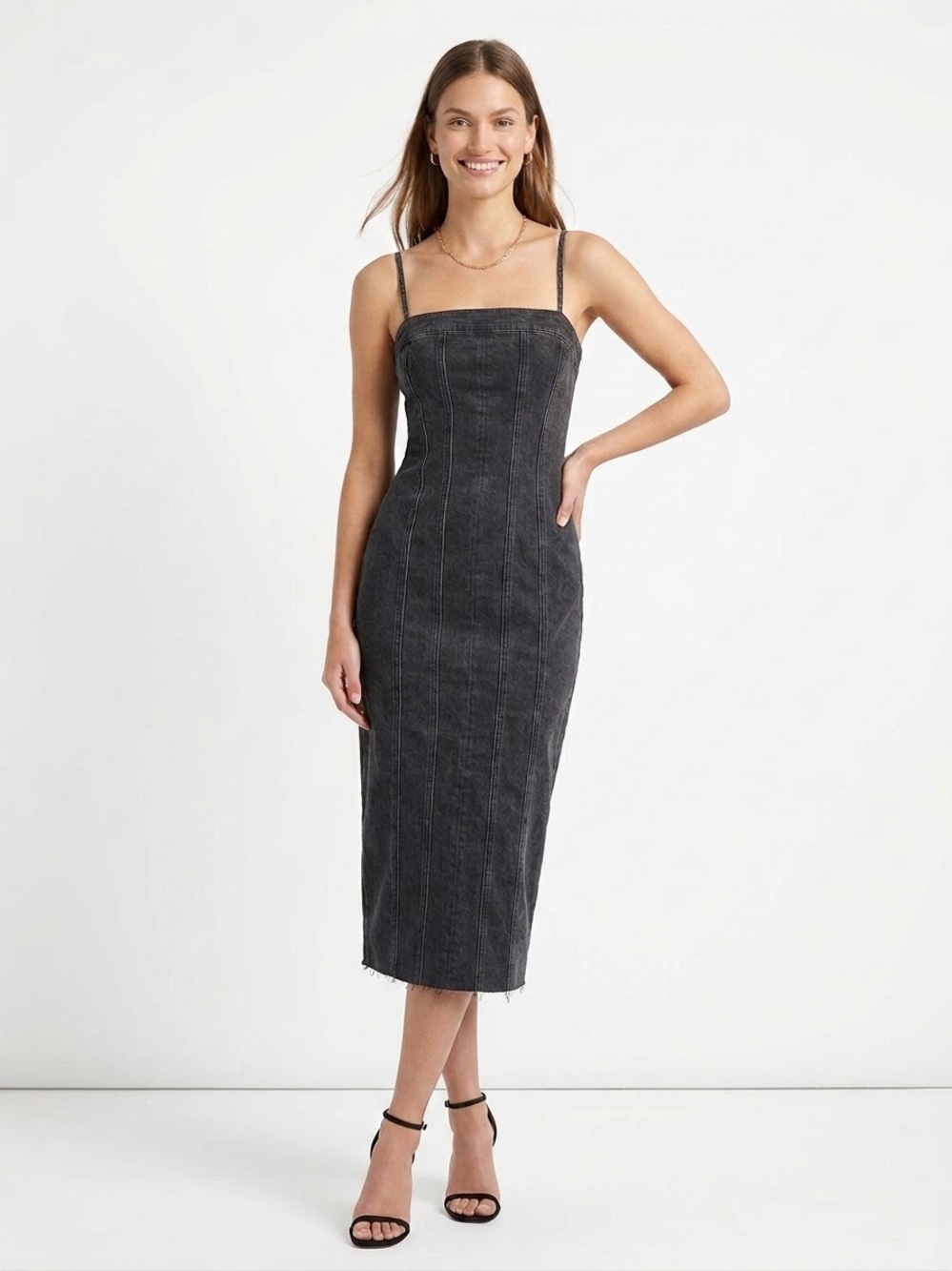 Miou Muse Size S Washed Black Denim Maxi Dress Corset Seam Y2K